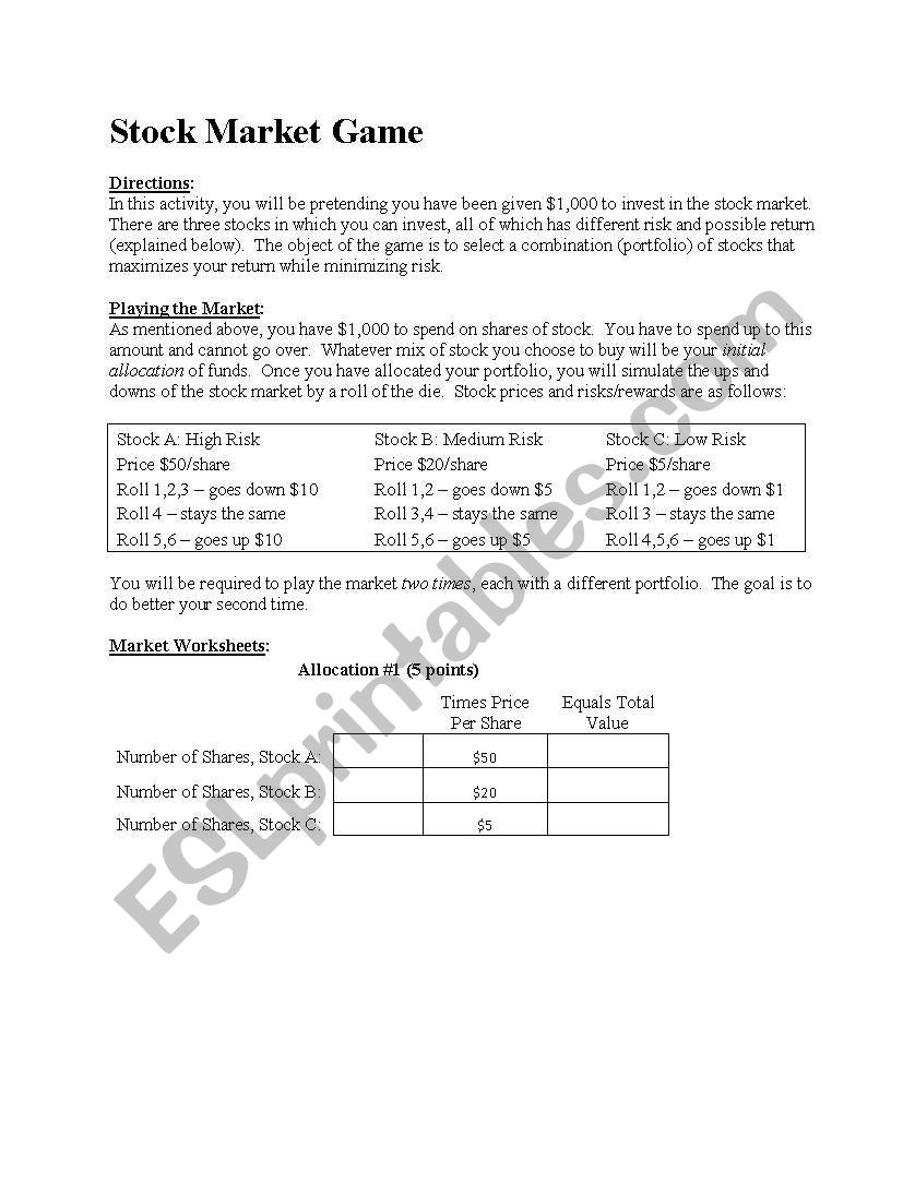 Stock Market Game and Worksheet