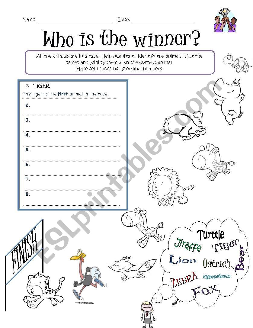 Animals in a race worksheet