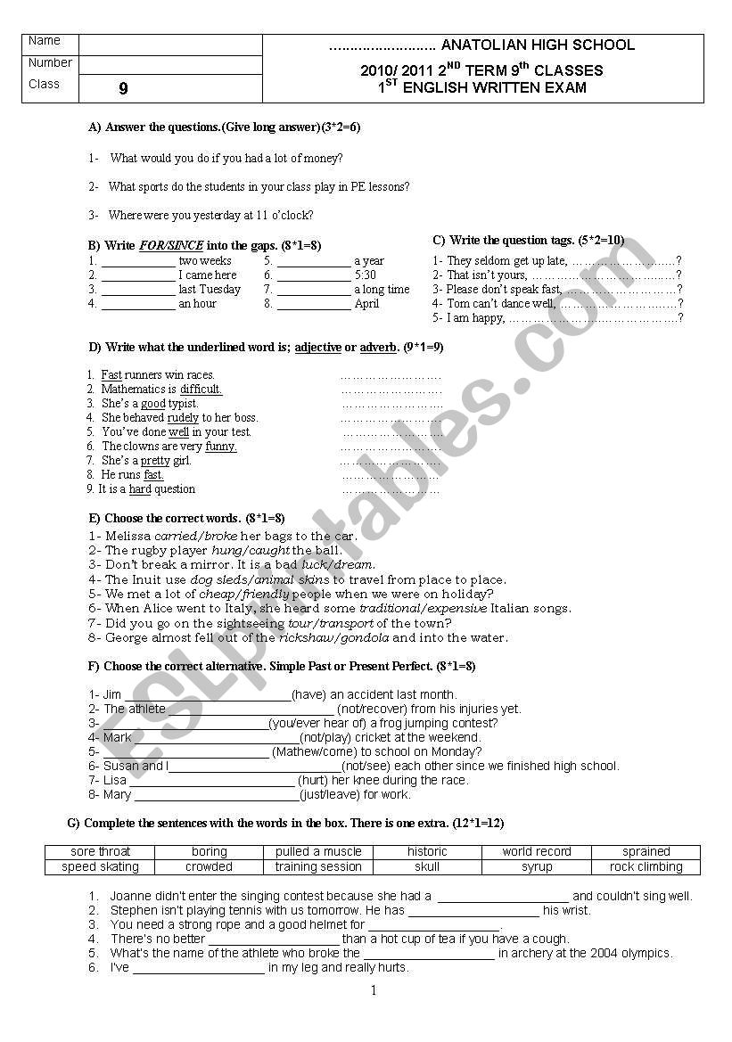 9th classes Anatolian High School 2nd Term 1st Exam