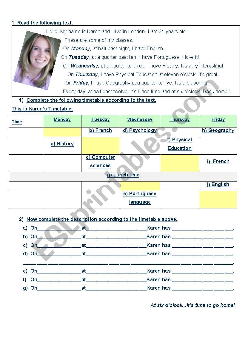 timetable school subjects worksheet