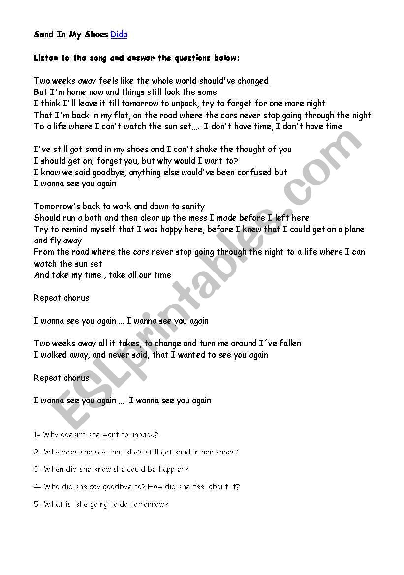 Sand in my shoes worksheet