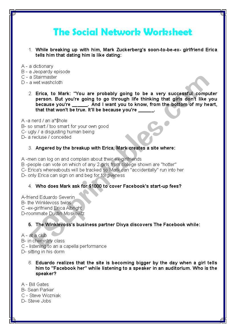 The social network - movie worksheet