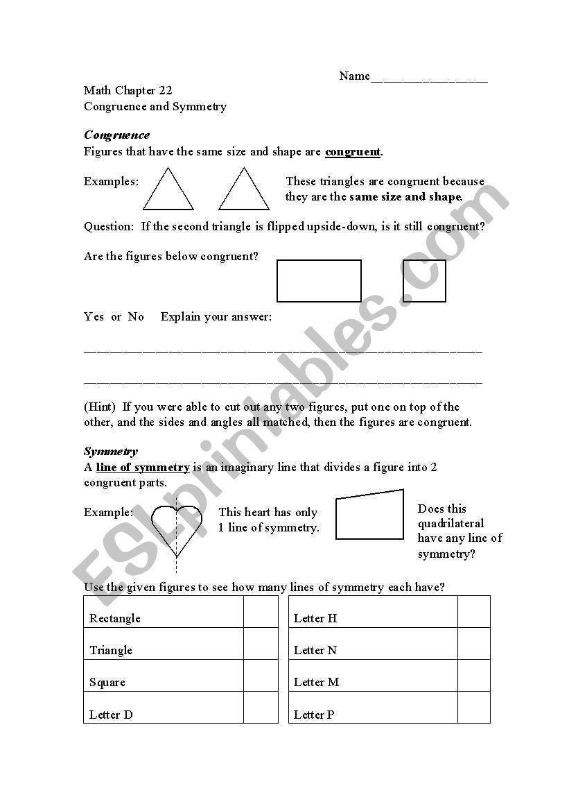 Congruence and Symmetry worksheet