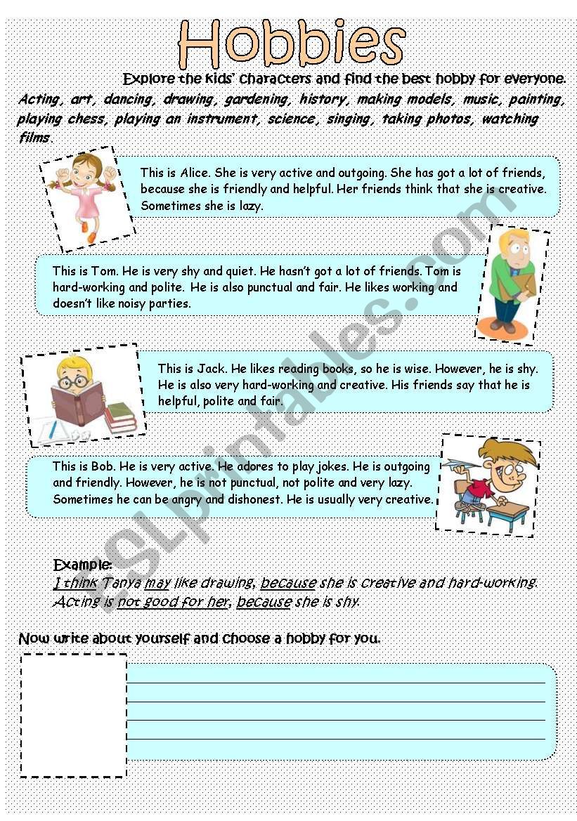 Character and hobbies worksheet