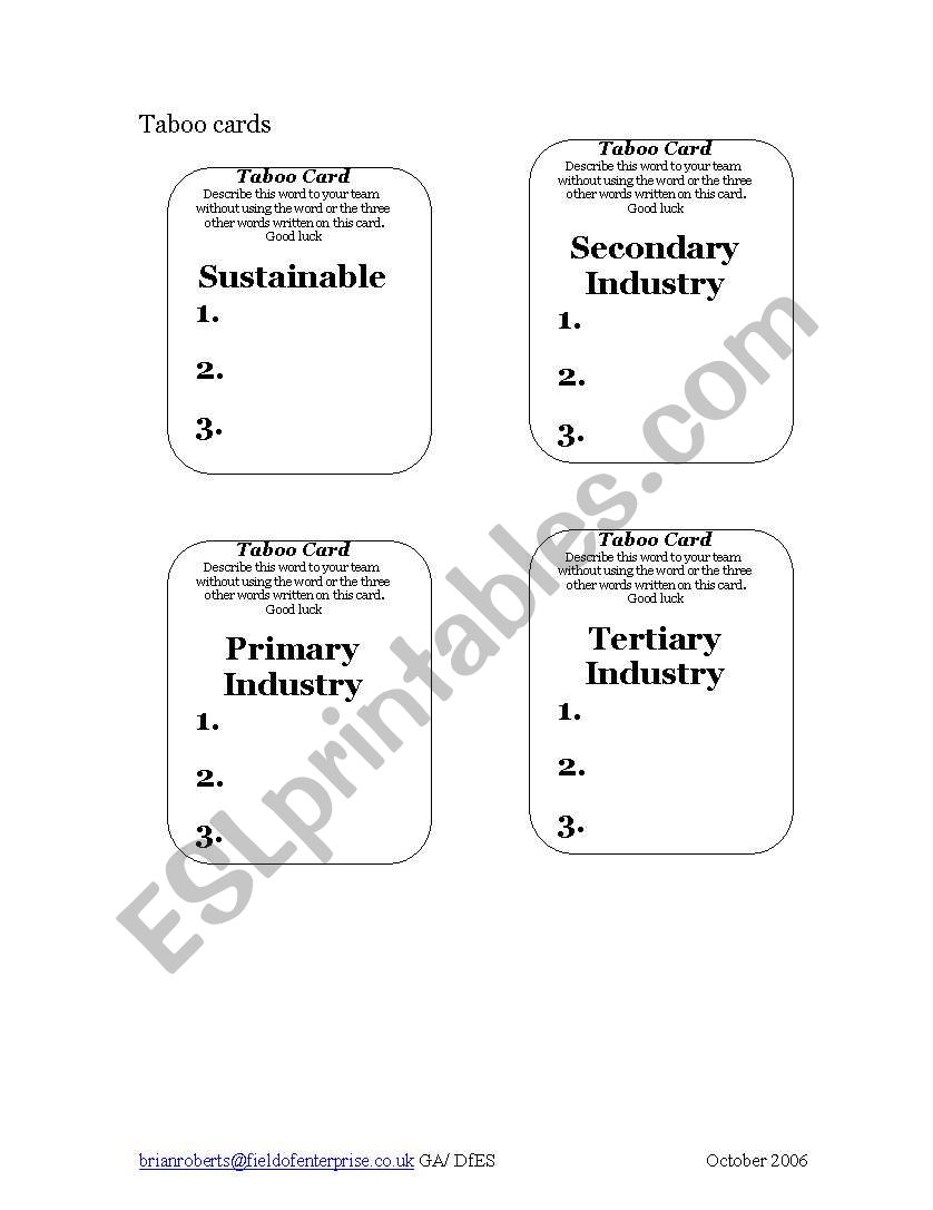 Taboo worksheet