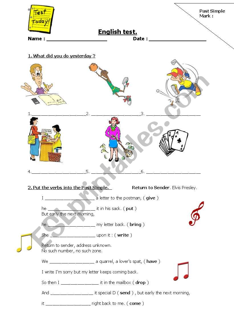 Past simple test worksheet