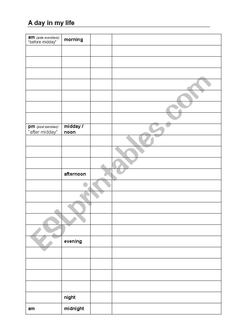 A day in my life worksheet