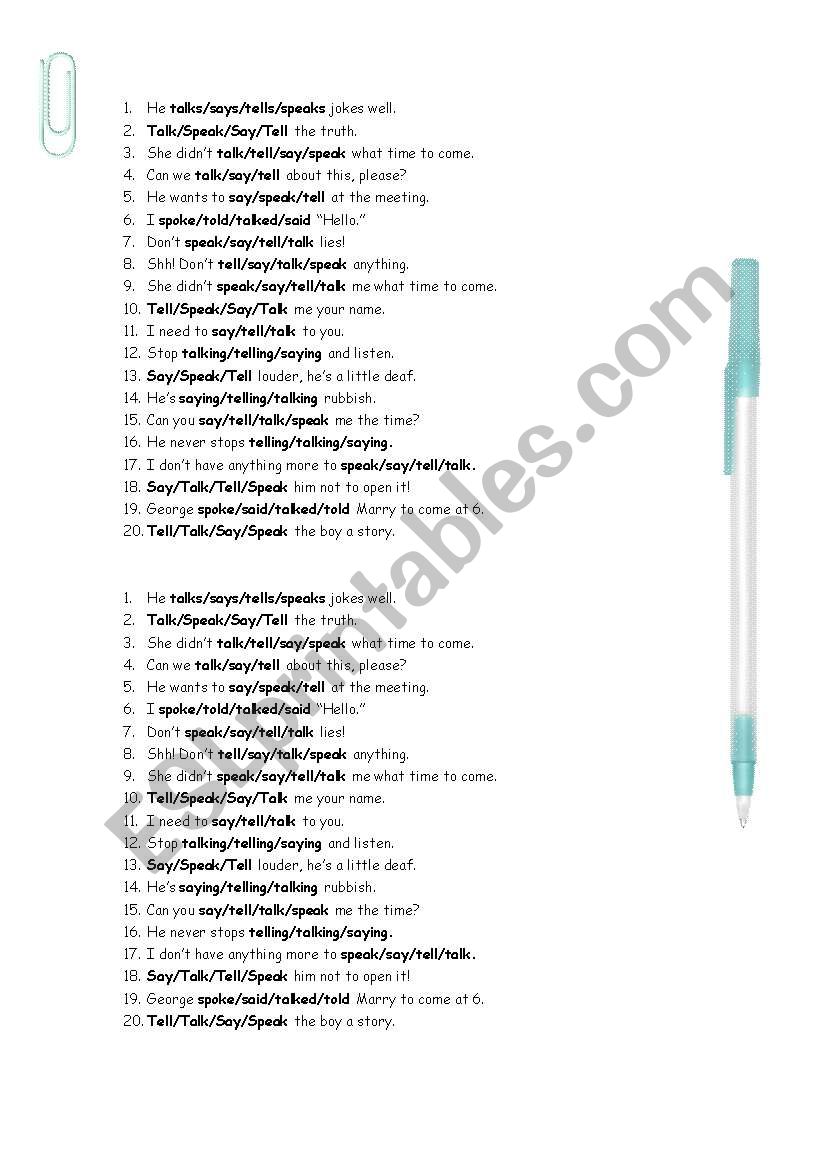 tell / say / speak / talk  worksheet