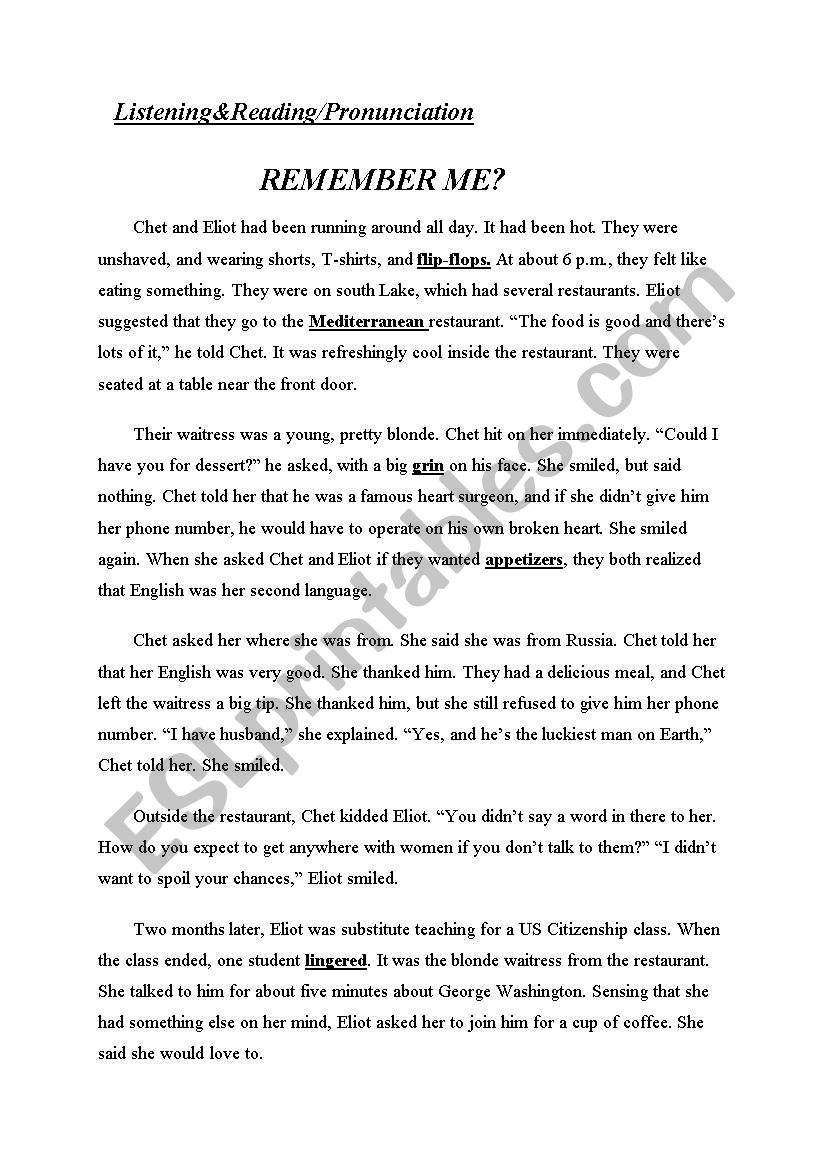 remember me worksheet