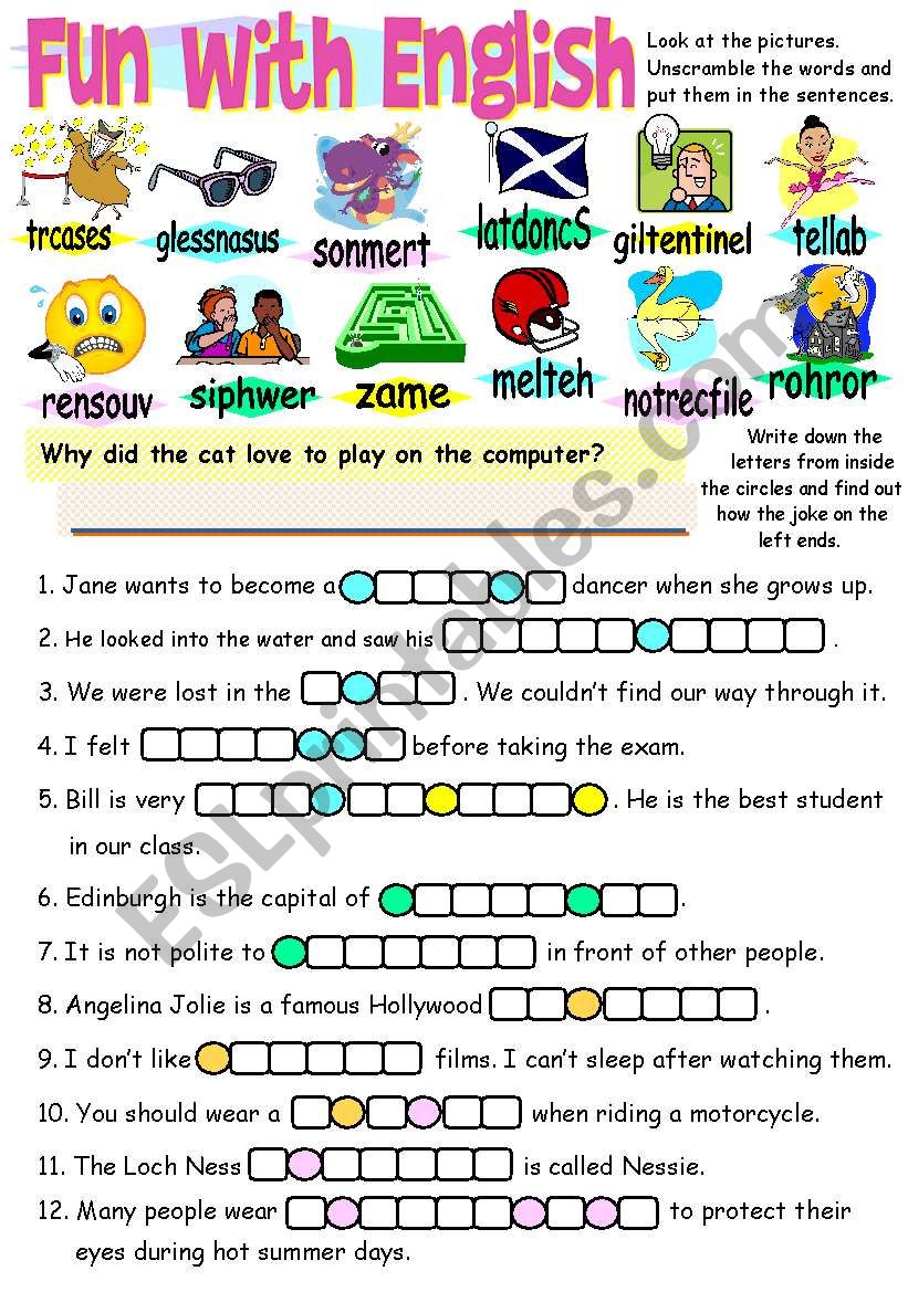 FUN WITH ENGLISH 2 - COLOUR, BLACK AND WHITE VERSION AND ANSWER KEY