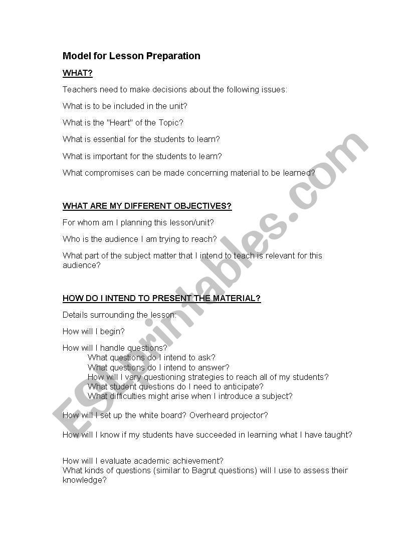 Enlish Lesson plan worksheet
