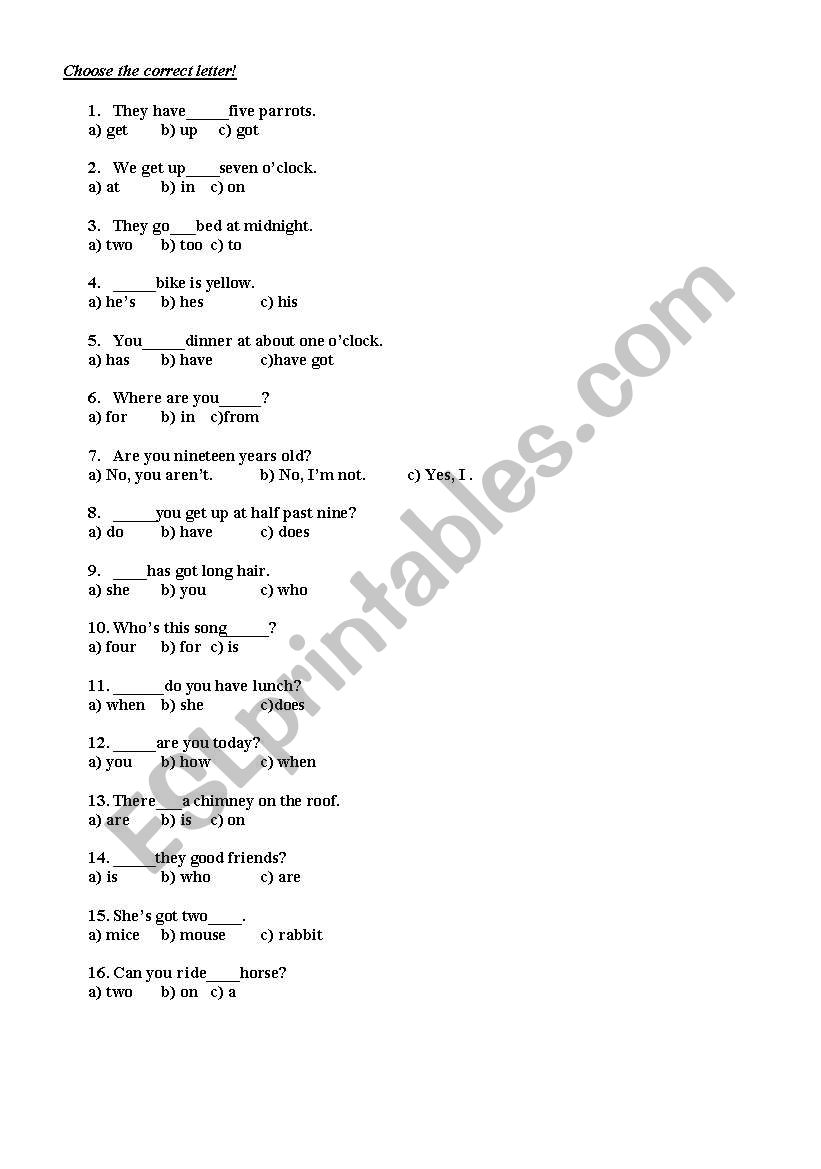 Multiple choice worksheet