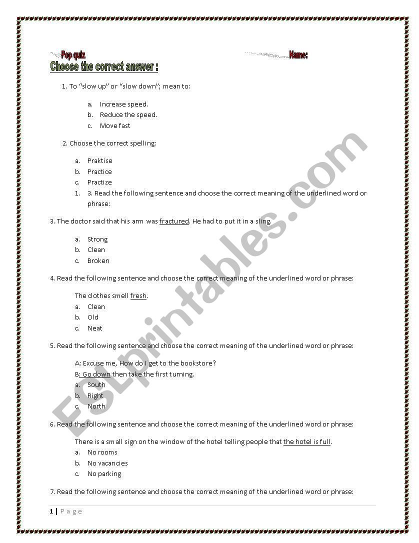 Vocabulary Quiz worksheet