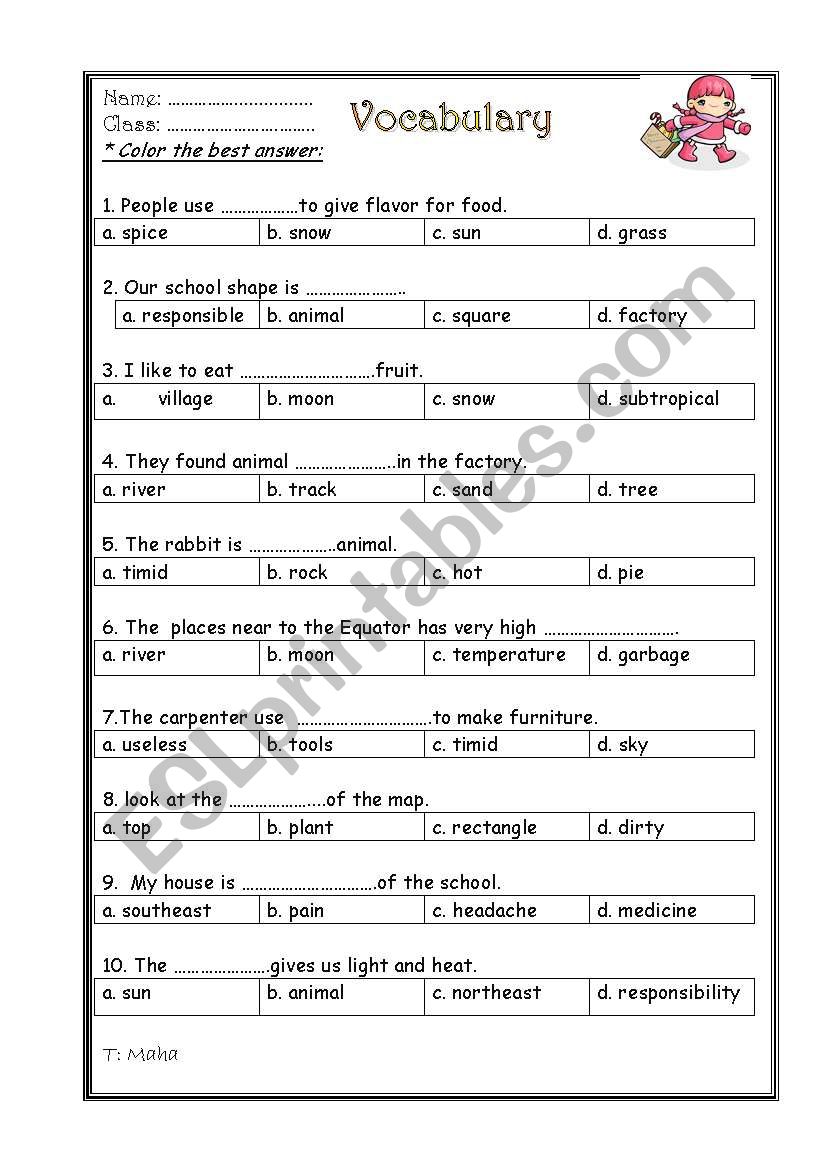 vocabulary quize worksheet
