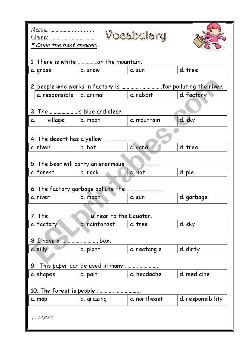 vocablary quize worksheet