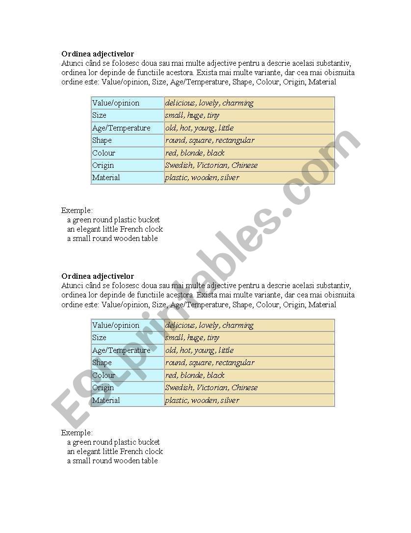 Adjectije order worksheet