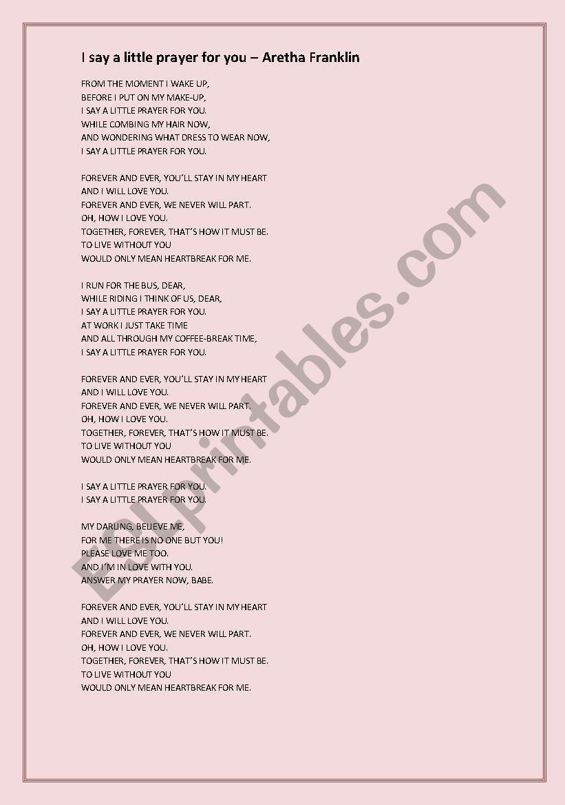 I say a little prayer worksheet