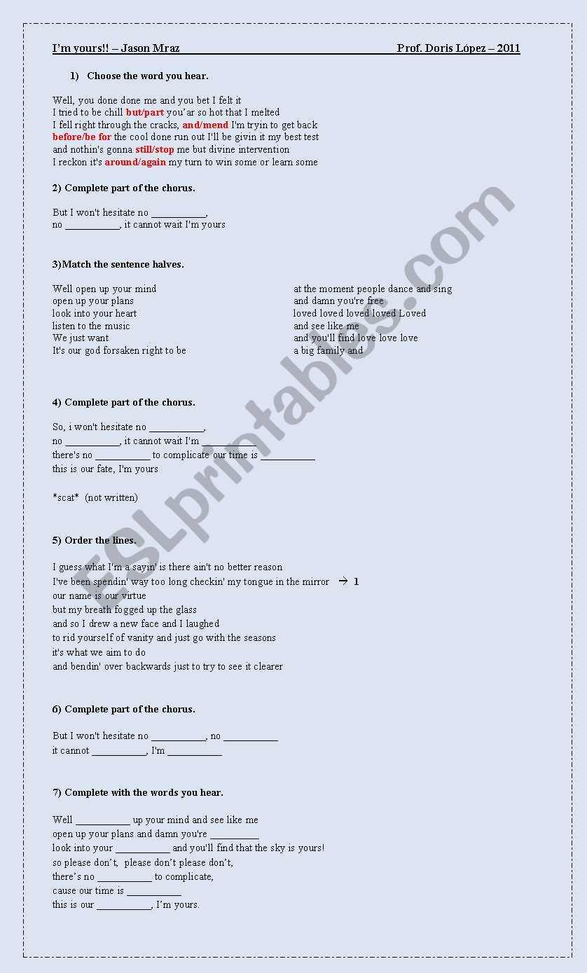 Im yours - Jason Mraz worksheet