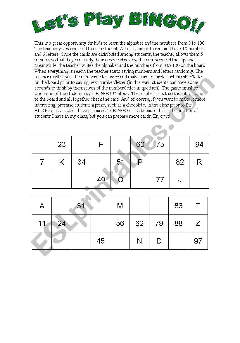 Bingo!! - Alphabet & Numbers from 1 - 100