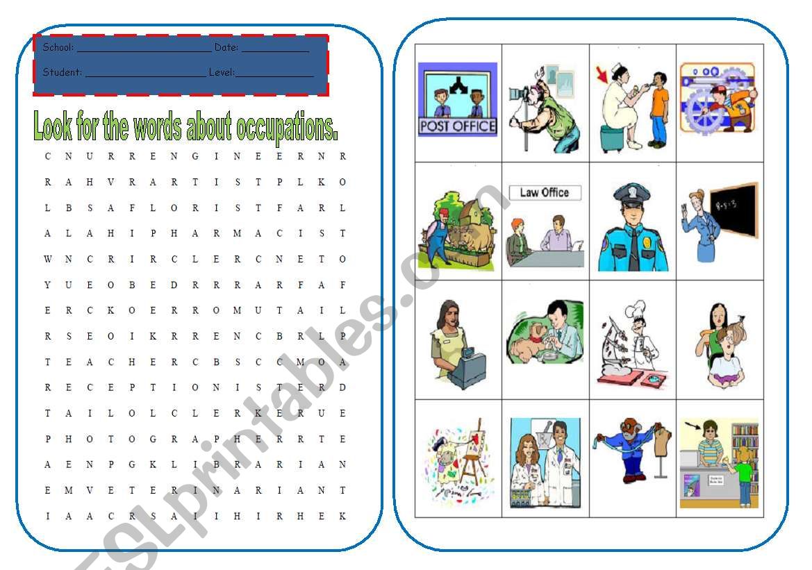 wordsearch of occupations worksheet