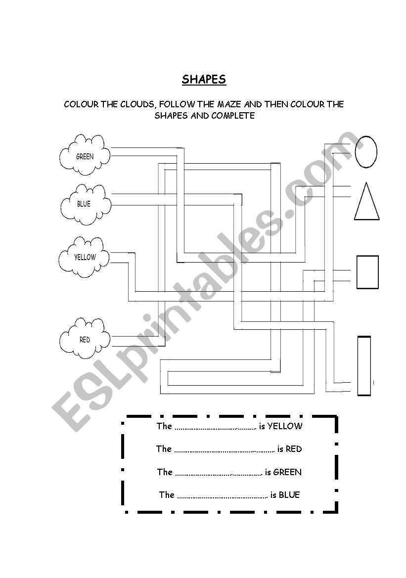 SHAPES: follow the maze, colour and complete