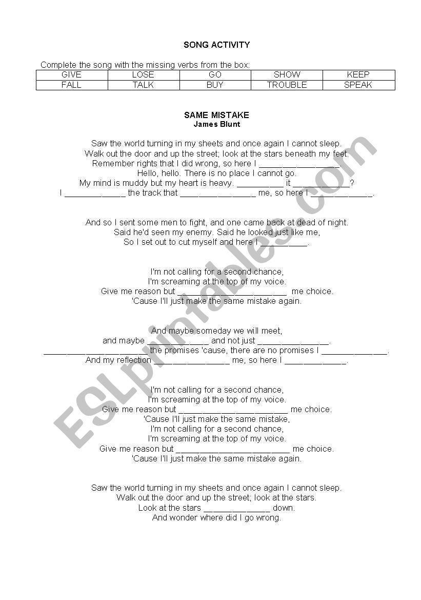 SONG ACTIVITY_SAME MISTAKE worksheet