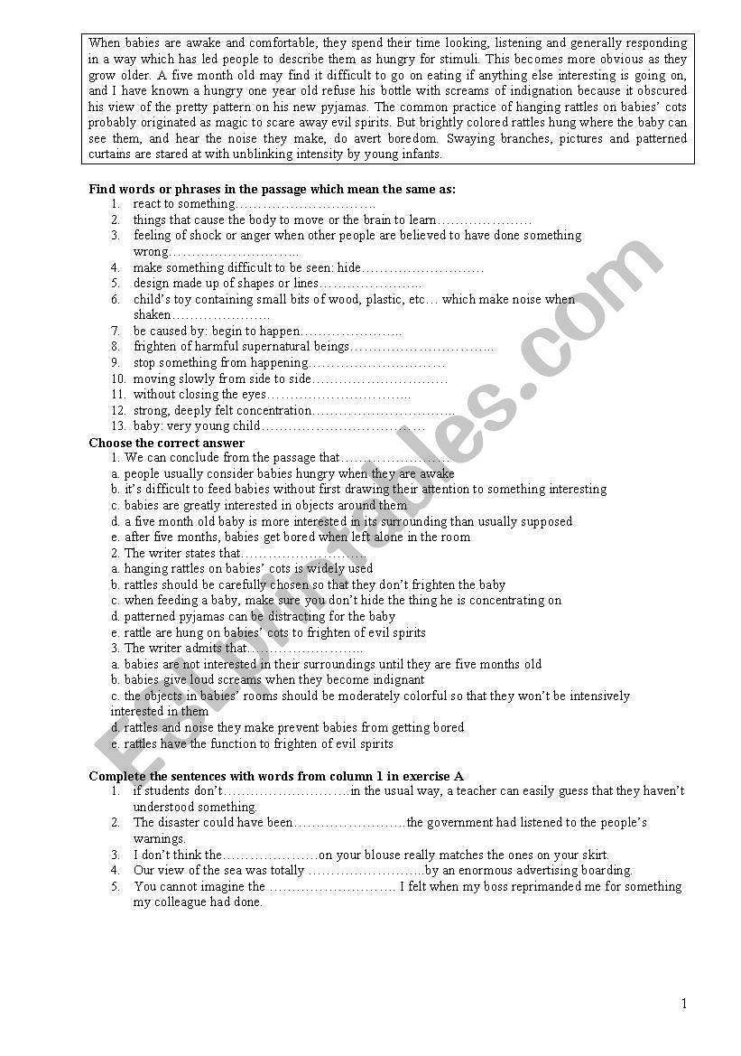 reading and vocab worksheet