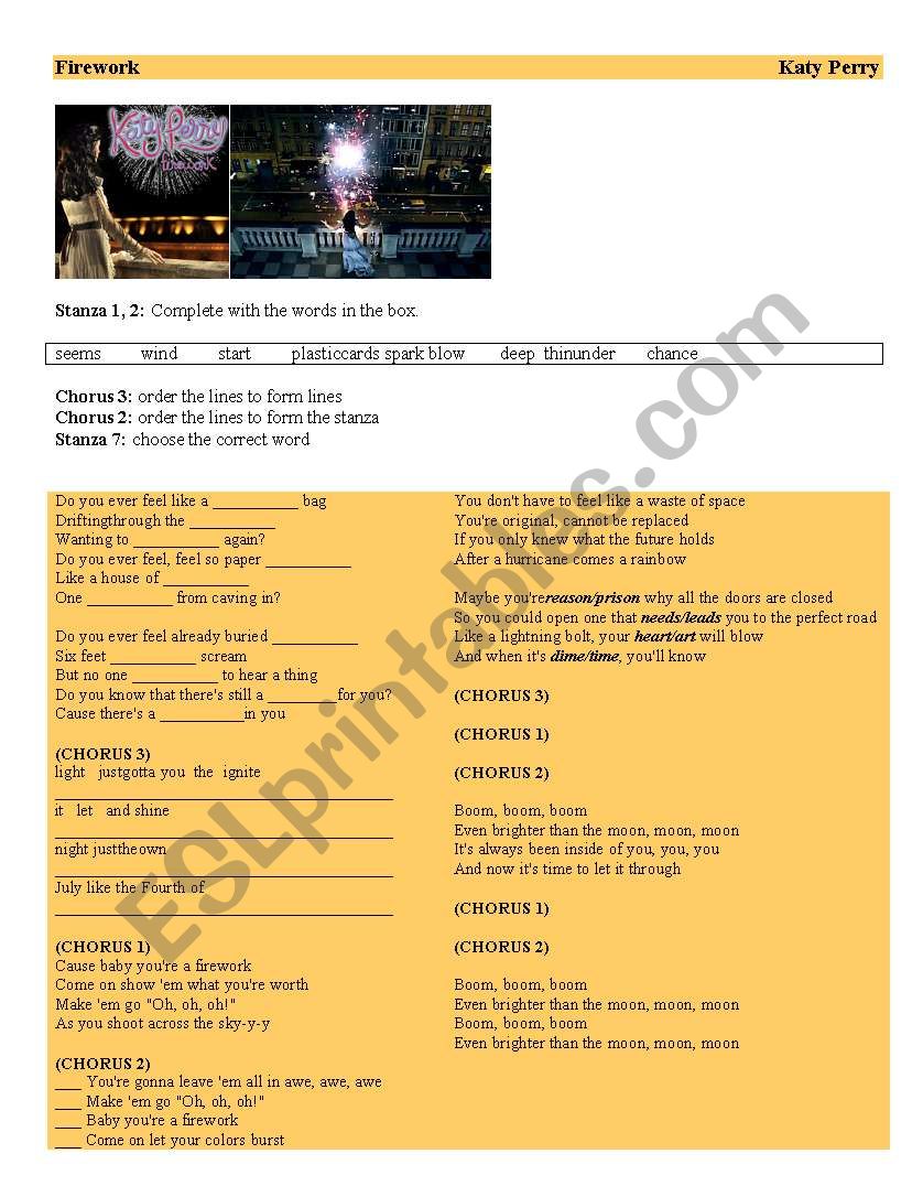 Firework Katy Perry worksheet