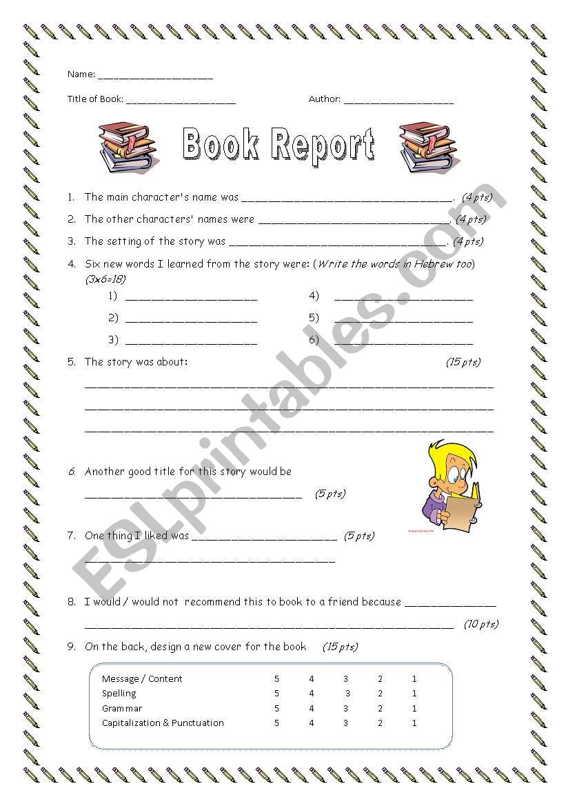 Book Report Handout worksheet