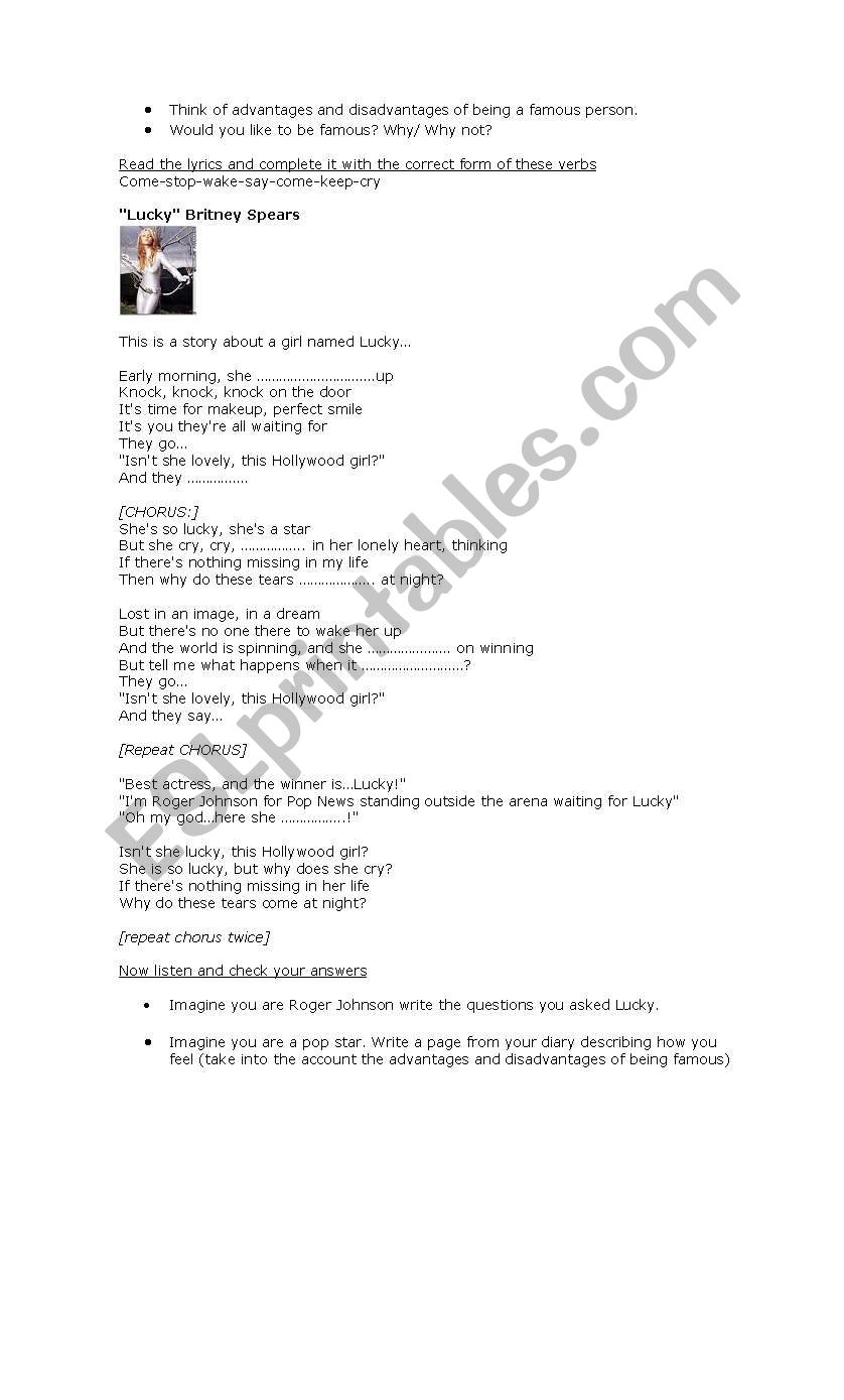Lucky by Britney Spears worksheet