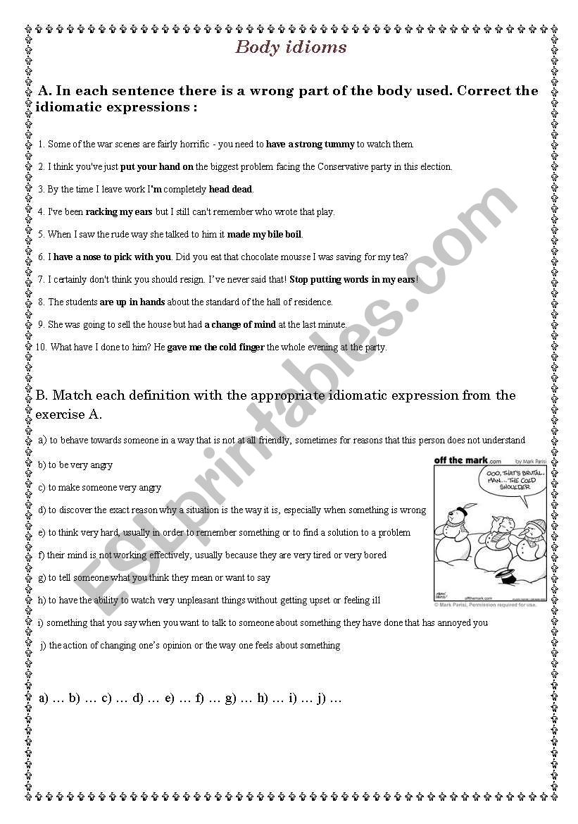 body idioms worksheet