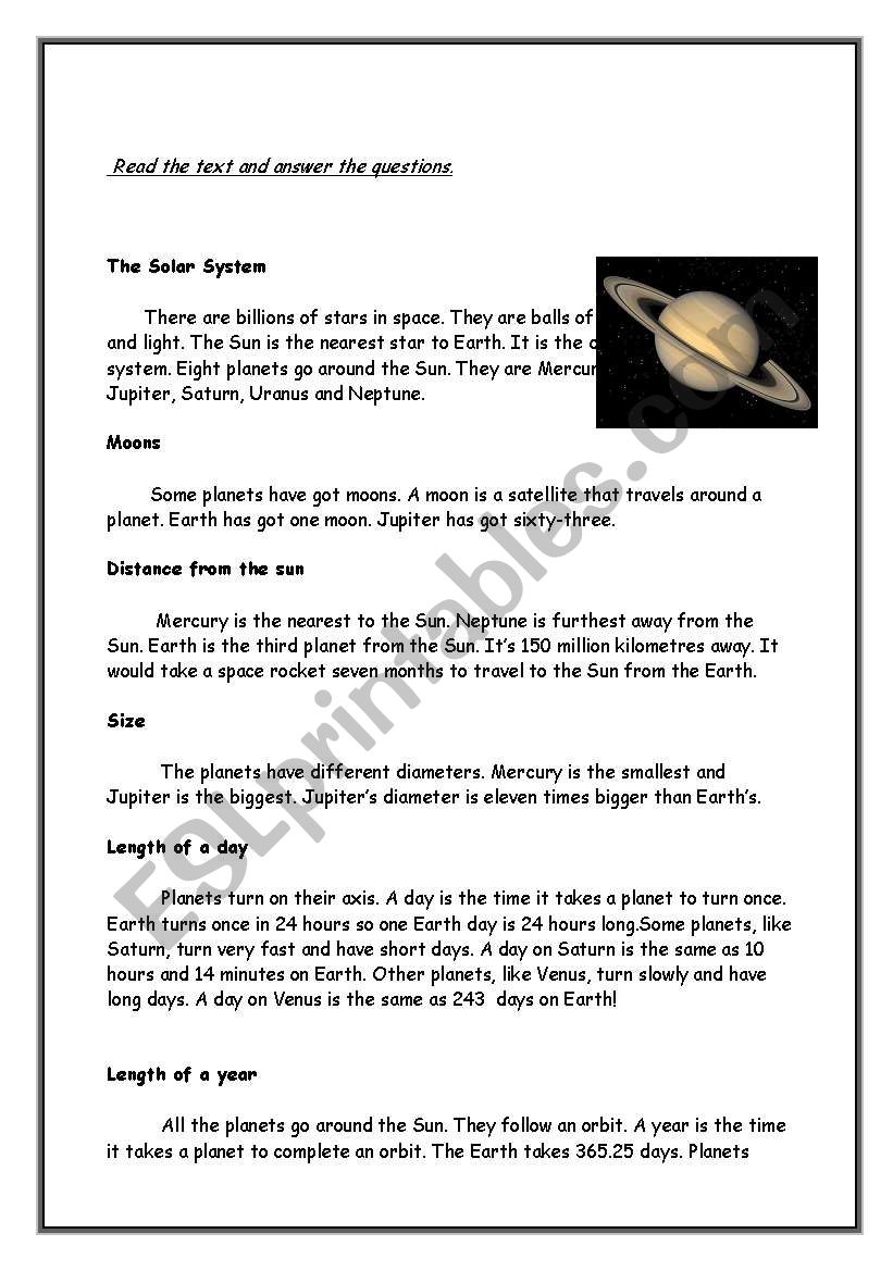 Solar System worksheet