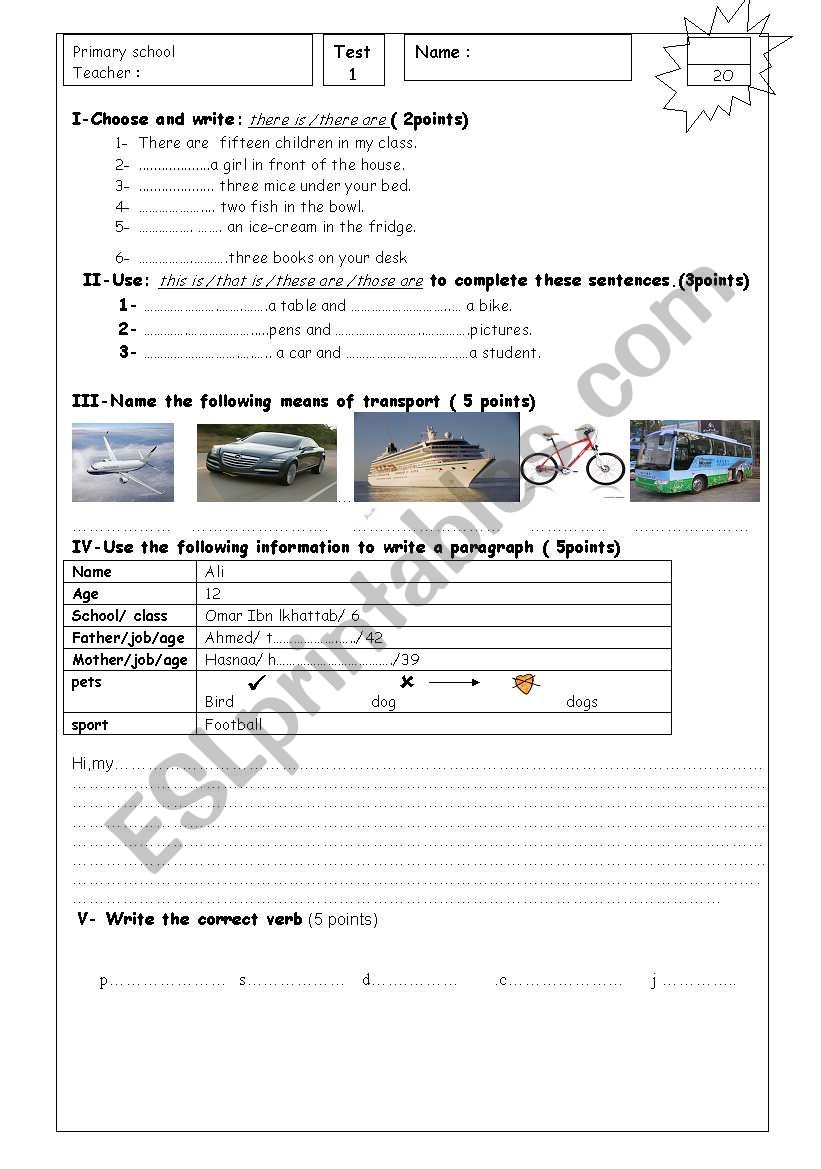 elemrntary test worksheet
