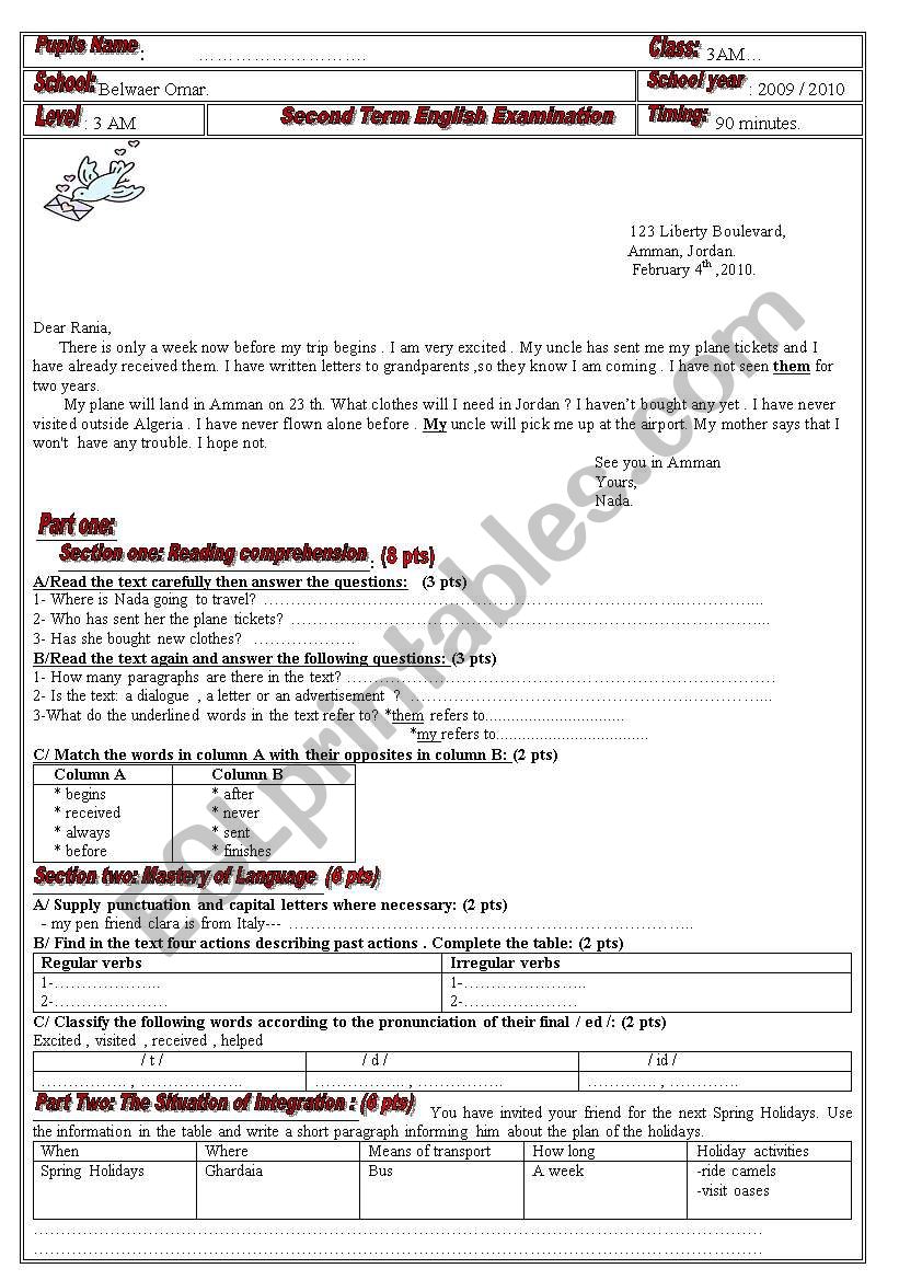 second term examination worksheet