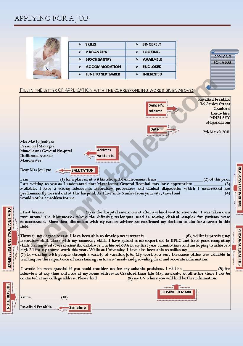 A letter of application worksheet