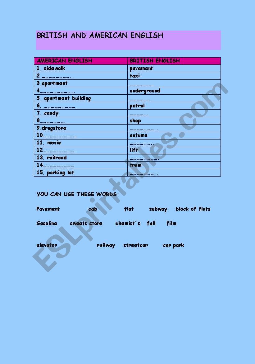 British vs American Engliah worksheet