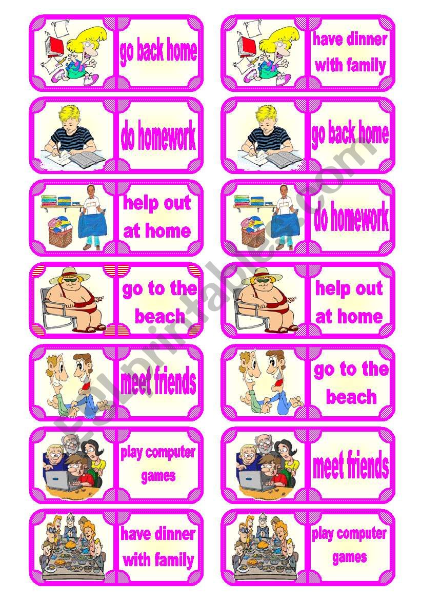 Dominoes: Routines in the afternoonâ€¢ present simple â€¢ adverbs of frequency â€¢ vocabulary, grammar & oral skills â€¢ 7 verbs â€¢ 28 pieces â€¢ 2 pages â€¢ editable