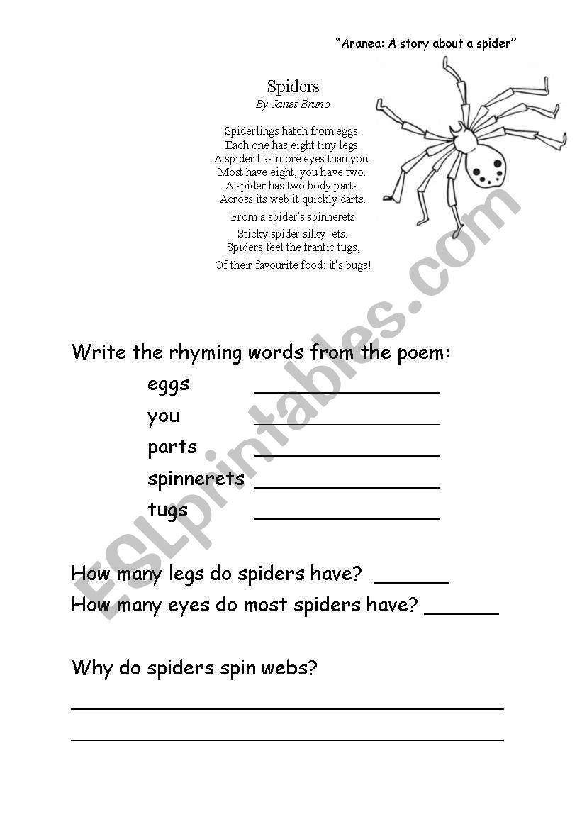 Worksheets for the book Aranea by Jenny Wagner