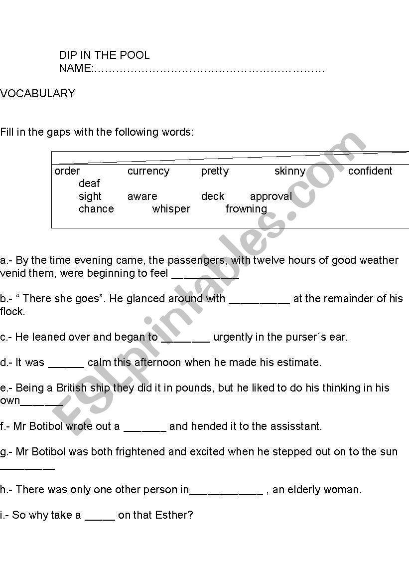 Dip in the Pool - vocabulary  worksheet