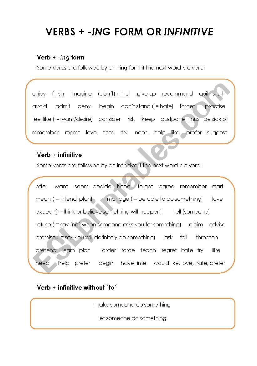 -ING or INFINITIVE worksheet