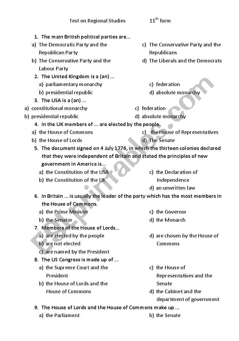 Test on Regional Studies worksheet