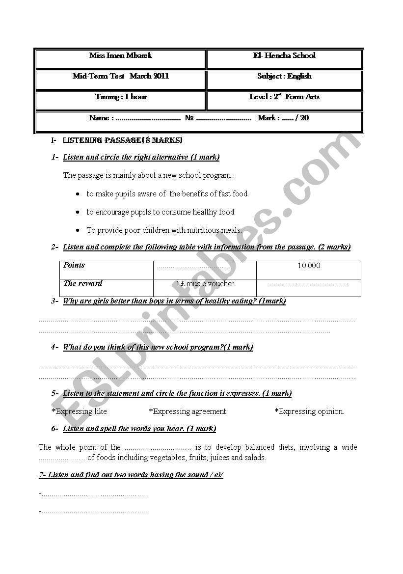 Mid term test N2 2nd form secondary education