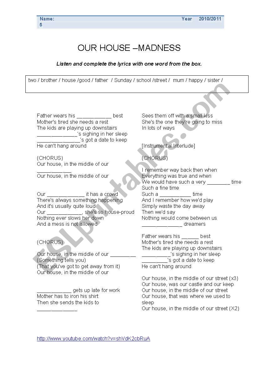 Our house - Madness worksheet