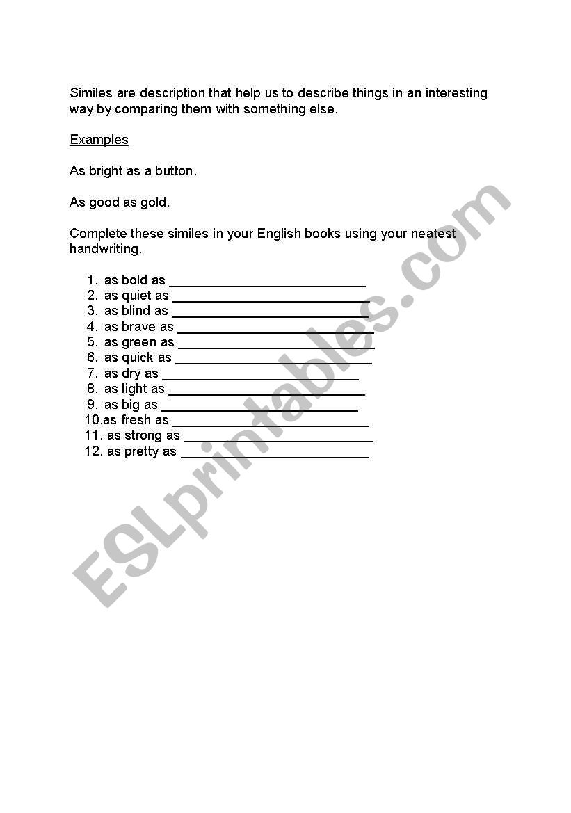 Similes worksheet