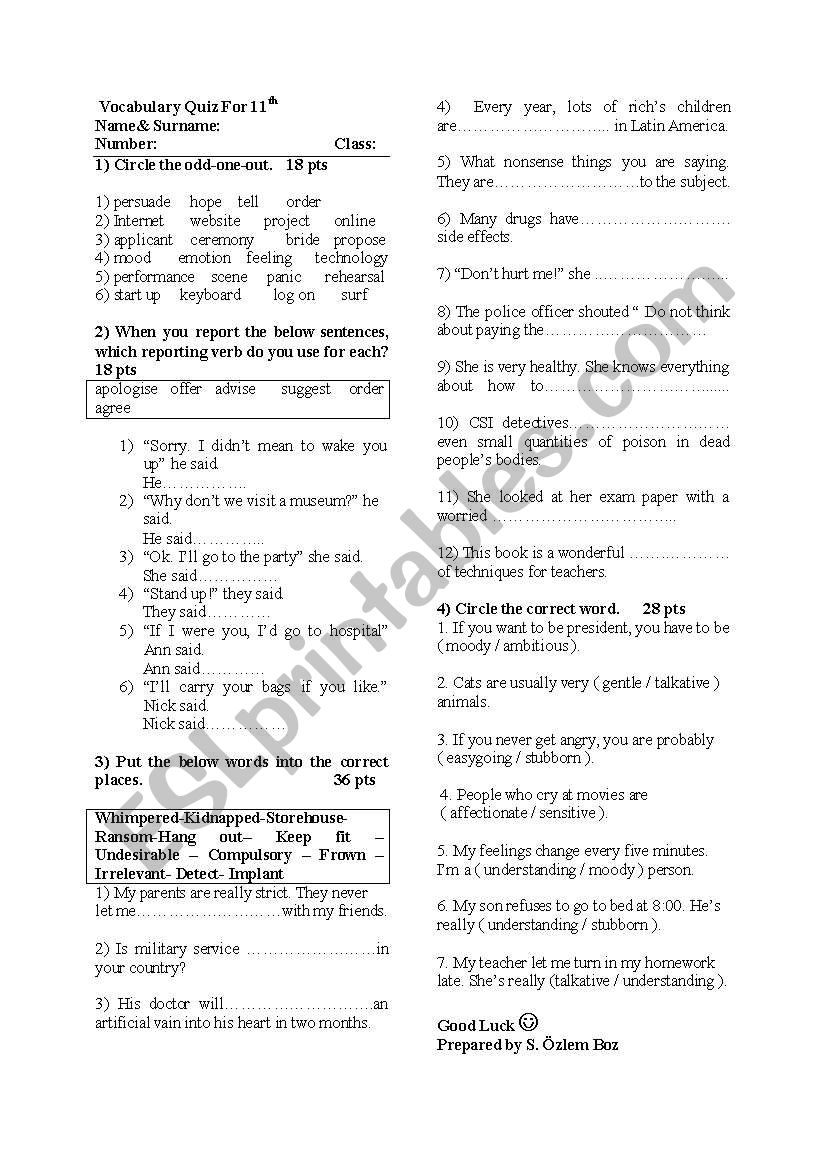 Vocabulary Quiz worksheet