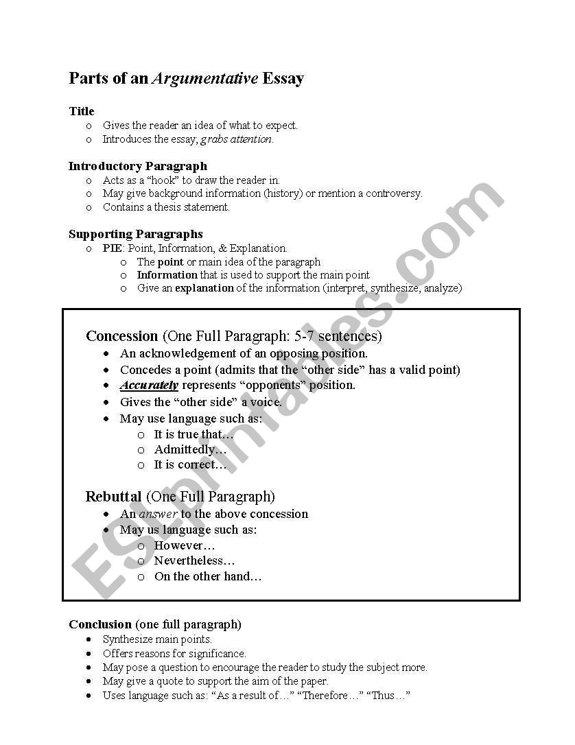 Parts of argumentative essay worksheet