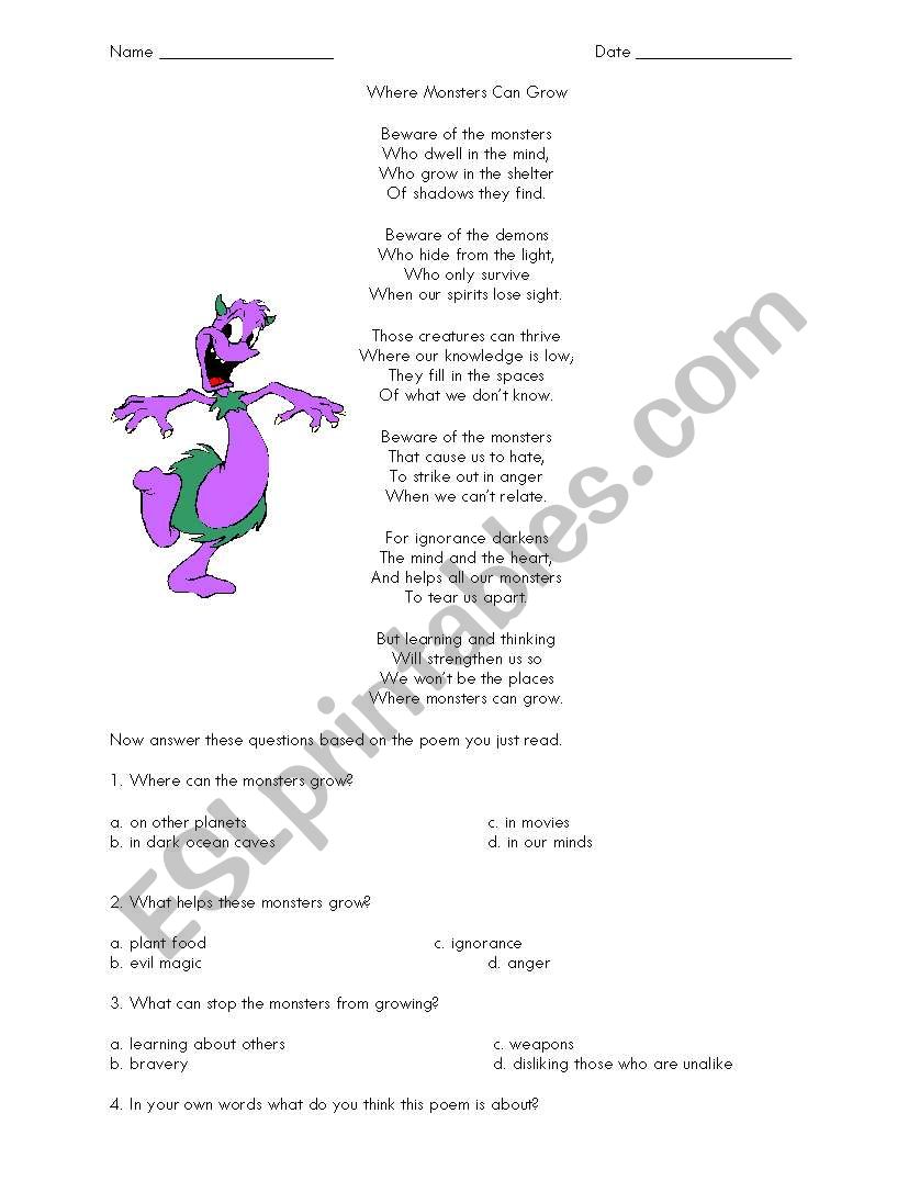 Where Monsters Grow worksheet
