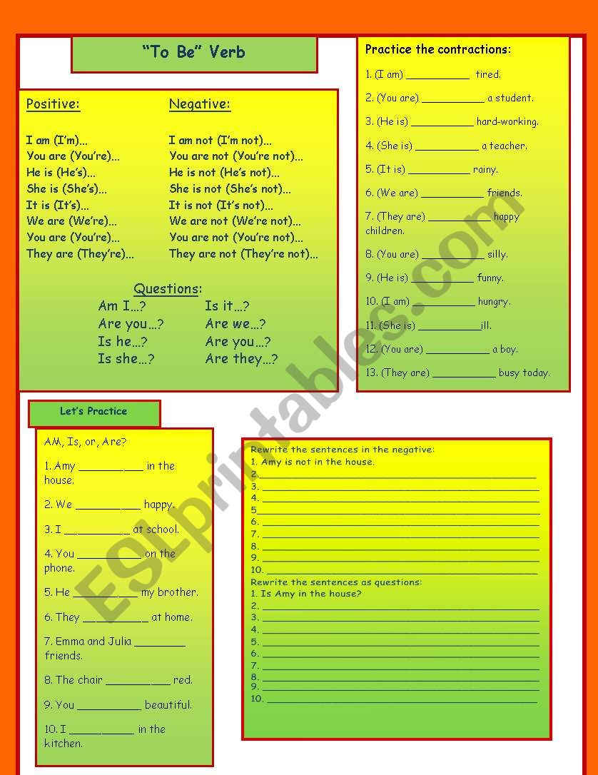 To be Verb Positive, Negative, and Question Explanation and Exercises