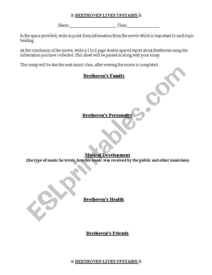 Beethoven Lives Upstairs Worksheet