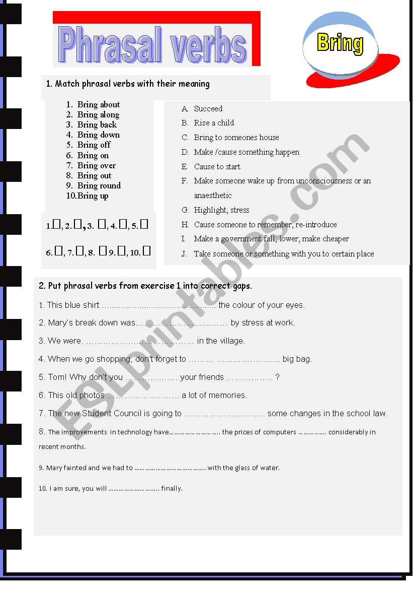 Bring - phrasal verb worksheet